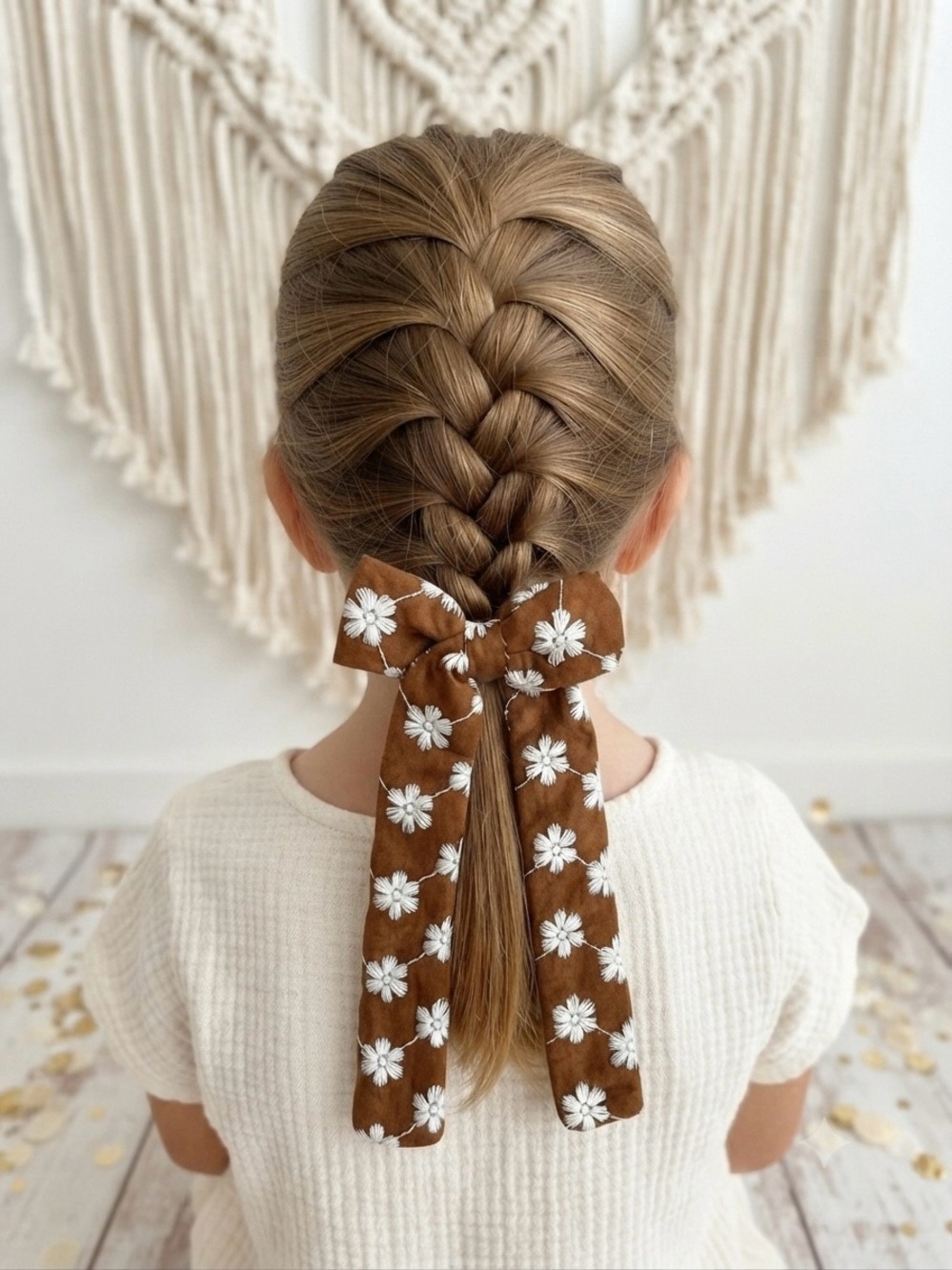 Handmade Kids Rust Brown Daisy Embroidered Hair Bow Long Tail Clip